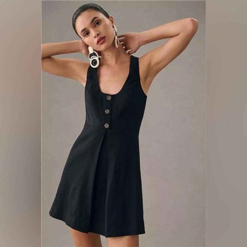 Maeve Dress Women 6 Black U Neck Button Front Sleeveless Fit Flare Pockets Mini